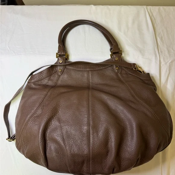 Tory Burch Brown Pebbled Leather Logo Tote Shoulder Bag